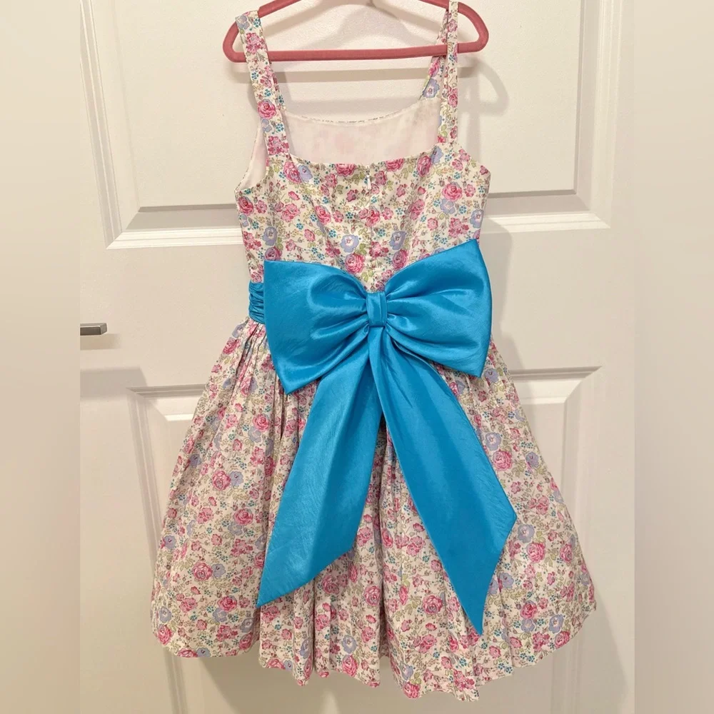 Girl’s Handmade‎ Floral Dress with Blue Bow, | Vintage Aesthetic | Size 5
